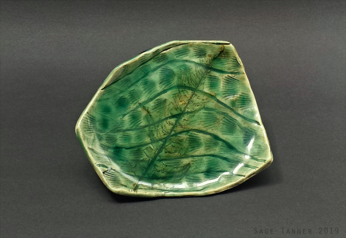 An asymmetrical hand-formed ceramic plate with clear green glaze and imprints of shells and ferns.